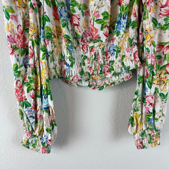 Afrm Cropped Floral Top Womens 1X Pink Green Balloon Long Sleeve Smocked - Picture 12 of 13